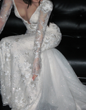 Gorgeous V-neck Mermaid Trail Wedding Dresses Beaded Applique Bridal Dresses Ivory Backless Bridal Gowns HZ1121