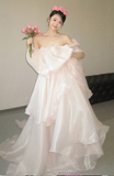 Gorgeous Off-the-shoulder Sheath Long Wedding Dresses Tulle Bridal Dresses Light Pink Short-sleeved Bridal Gowns HZ1121