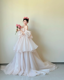 Gorgeous Off-the-shoulder Sheath Long Wedding Dresses Tulle Bridal Dresses Light Pink Short-sleeved Bridal Gowns HZ1121