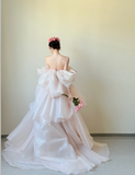 Gorgeous Off-the-shoulder Sheath Long Wedding Dresses Tulle Bridal Dresses Light Pink Short-sleeved Bridal Gowns HZ1121