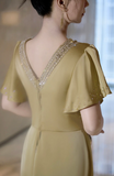 Elegant V-neck Sheath Olive Green Mother of the Bride Dress Rhinestone Satin Green Evening Dress HZ1121