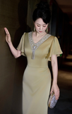 Elegant V-neck Sheath Olive Green Mother of the Bride Dress Rhinestone Satin Green Evening Dress HZ1121