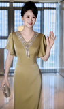 Elegant V-neck Sheath Olive Green Mother of the Bride Dress Rhinestone Satin Green Evening Dress HZ1121