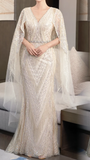 Elegant V-neck Sheath Wedding Guest Dresses Tulle Beaded Light Champagne Mother of the Bride Dresses with Cape HZ1121