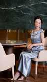 Elegant Bateau Sheath Wedding Guest Dresses Satin Beaded Gray Blue Mother of the Bride Dresses HZ1121