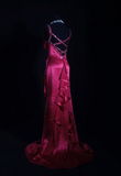 Vintage V-neck Sheath Long Prom Dresses Satin Hot Pink Evening Dresses HZ1121