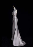 Elegant Spaghetti Strap Sheath Long Prom Dresses Satin Evening Dresses with Slits HZ1121
