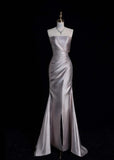 Elegant Spaghetti Strap Sheath Long Prom Dresses Satin Evening Dresses with Slits HZ1121