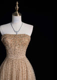 Cute Strapless A-line Long Prom Dresses Sequined Tulle Pastel Orange Evening Dresses HZ1121