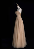 Cute Strapless A-line Long Prom Dresses Sequined Tulle Pastel Orange Evening Dresses HZ1121