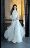 Timeless Off-the-shoulder Sheath Long Wedding Dresses Tulle White Bridal Gowns Long Sleeve Bridal Dresses HZ1121