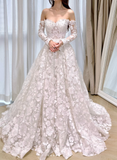 Fairy Off-the-shoulder A-Line Long Wedding Dresses Tulle Applique White Bridal Gowns Long Sleeve Bridal Dresses HZ1121