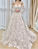 Fairy Off-the-shoulder A-Line Long Wedding Dresses Tulle Applique White Bridal Gowns Long Sleeve Bridal Dresses HZ1121