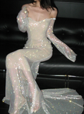 Fairy Off-the-shoulder Mermaid Tulle Long Wedding Dresses Champagne Bridal Gowns Long Sleeve Bridal Dresses HZ1121