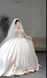 Gorgeous Off-the-shoulder Ball Gown Satin Long Wedding Dresses Beaded Ivory Bridal Gowns Short Sleeve Bridal Dresses HZ1121