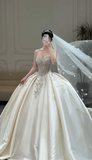 Gorgeous Sweetheart Neck Ball Gown Satin Long Wedding Dresses Beaded Ivory Bridal Gowns Sleeveless Bridal Dresses HZ1121