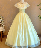Fairy Jewel A-Line Long Prom Dresses Tulle Pastel Yellow Quinceanera Dresses Sweet 16 Dress HZ1121