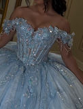Glam Off-the-Shoulder Ball Gown Tulle Long Prom Dresses Applique Blue Quinceanera Dresses Sweet 16 Dress HZ1121