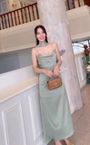 Elegant Spaghetti Strap Sheath Green Formal Dresses Satin Sleeveless Green Bridesmaid Dresses HZ1121