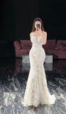 Elegant Strapless Mermaid Long Wedding Dresses Tulle Applique White Bridal Gowns Sleeveless Bridal Dresses HZ1121