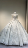 Gorgeous Ball Gown Beaded Long Wedding Dresses Tulle White Bridal Gowns Long Sleeve Bridal Dresses HZ1121