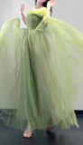 Cute Off-the-shoulder A-Line Green Long Prom Dresses Tulle Green Birthday Dresses Sweet 16 Dress HZ1121