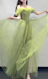 Cute Off-the-shoulder A-Line Green Long Prom Dresses Tulle Green Birthday Dresses Sweet 16 Dress HZ1121