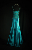 Vintage V-neck Sheath Blue Long Prom Dresses Satin Beaded Blue Evening Dresses HZ1121