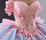 Fairy Off-the-shoulder Ball Gown Blue Long Prom Dresses Tulle Applique Blue Quincea?a Dresses Sweet 16 Dresses HZ1121