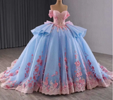 Fairy Off-the-shoulder Ball Gown Blue Long Prom Dresses Tulle Applique Blue Quincea?a Dresses Sweet 16 Dresses HZ1121