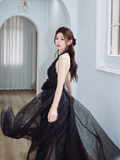 Elegant Vneck A-line Black Long Evening Dresses Sequin Tulle Black Birthday Dresses HZ1121