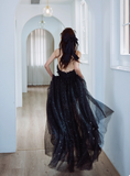 Elegant Vneck A-line Black Long Evening Dresses Sequin Tulle Black Birthday Dresses HZ1121