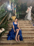 Elegant Strap Sheath Long Prom Dresses Satin Navy Blue Birthday Dresses HZ1121