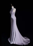 Elegant Halter Mermaid Long Prom Dress Satin Gray-Purple Evening Dress HZ1121