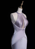 Elegant Halter Mermaid Long Prom Dress Satin Gray-Purple Evening Dress HZ1121