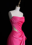 Elegant Strapless Sheath Long Prom Dresses Satin Pink Evening Dresses HZ1121
