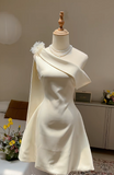 Fairy One-Shoulder Sheath Short Prom Dress Satin White Birthday Dress Sleeveless Homecoming Dresses HZ1121