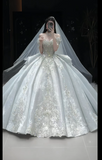 Timeless Off-Shoulder Ball Gown Long Wedding Dresses Rhinestone Tulle White Bridal Gowns Short-Sleeve Bridal Dresses HZ1121