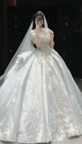 Timeless Off-Shoulder Ball Gown Long Wedding Dresses Rhinestone Tulle White Bridal Gowns Short-Sleeve Bridal Dresses HZ1121