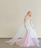 Gorgeous Sweetheart Neck Mermaid Long Prom Dress Sequined Tulle Pink Evening Gown HZ1121