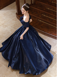 Elegant Cap Sleeve A-Line Prom Dress Satin Navy Blue Evening Gown HZ1121