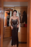 Elegant Strapless Sheath Long Prom Dresses Rhinestone Black Evening Gown HZ1121