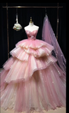 Fairy Ball Gown Pink Long Prom Dresses Strapless Tulle Sleeveless Pink Quinceanera Dresses Sweet 16 Dress HZ1121