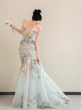 Fairy Mermaid Soft Green Long Prom Dresses Sweetheart Neck Tulle Applique Light Green Birthday Dresses HZ1121