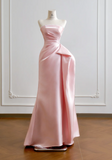 Cute Sheath Pink Long Prom Dresses Strapless Sleeveless Formal Dresses Satin Pink Birthday Dresses HZ1121