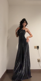 Sexy Sheath Dark Grey Long Prom Dresses with Slits, Spaghetti Straps Satin Dark Grey Birthday Dresses HZ1121