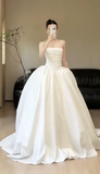 Modest Strapless Ball Gown Long Wedding Dresses Sleeveless Satin Bridal Dresses White Bridal Gowns HZ1121