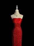 Elegant Glamour Mermaid Strapless Sequin Red Long Prom Dresses Party Dress Evening Dress HZ1121