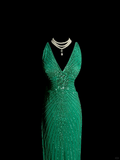 Vintage Mermaid V Neck Backless Green With Beads Long Prom Dresses Party Dress Evening Dress HZ1121