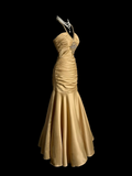 Vintage Mermaid Halter Sleeveless Satin Long Prom Dresses Ruffles Evening Gowns Evening Dress HZ1121